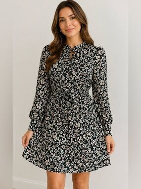 NWOT Boden Black Floral Long-Sleeve Tie-Waist Dress